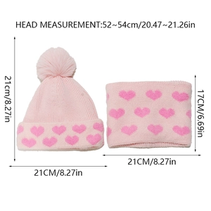 Tabella delle taglie per set berretto e sciarpa rosa con cuori e pompon decorativi