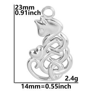 Detailed size specifications of silver cat pendant with Celtic knot and heart details
