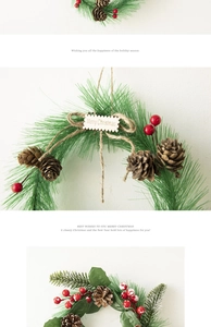 Detail of Christmas wreath with green pine needles, brown pine cones and red berries