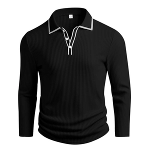 Detail of black long-sleeve knit polo shirt with vertical texture and white contrast piping