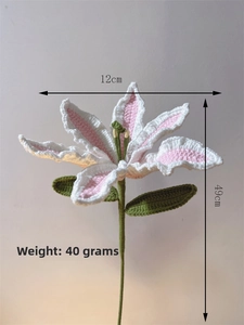 Detailed knit lily flower bouquet in white and pink yarn, 49cm handmade crochet flower