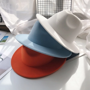 Flat brim wool felt fedora hats for men and women in white, light blue, and orange colors