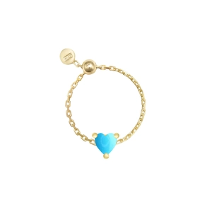 Close-up of gold S925 silver chain ring with blue heart zircon and adjustable slider