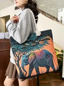 Large capacity canvas tote bag with artistic elephant and tree embroidery and cotton rope straps
