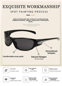 Détail de lunettes de soleil de sport noires avec verres UV400 et accents profilés gris