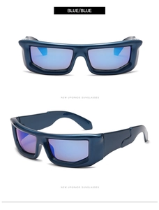 Blue rectangular Y2K sports sunglasses with metallic finish and tinted lenses