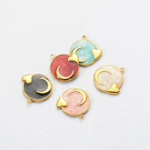 Celestial stainless steel charms with colorful enamel swirls, crescent moon and heart