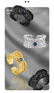 Detailed macro view of S925 sterling silver woven ring with blue zircon inlay detail