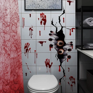 Creepy bloody handprints and eyes breaking through wall sticker for Halloween decor