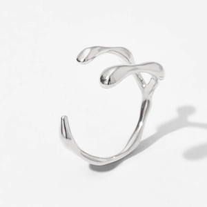 Polished silver irregular solid ring with modern liquid metal crossover design