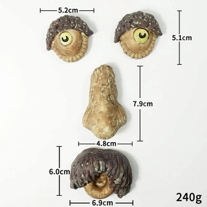Detailed size chart for resin tree face decorations including eyes, nose, and mouth parts