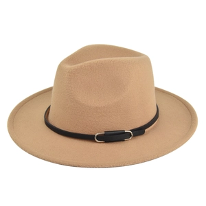 Detailed close-up of camel wool felt fedora featuring a black leather band and silver buckle