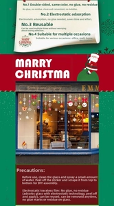 Detail of Christmas static window clings showing Santa and reindeer on glass surfaces