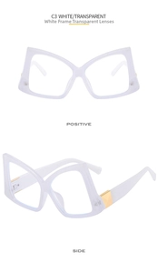 Front and side view of butterfly oversized glasses in transparent white with gold metal accents