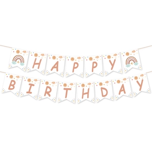 Bohemian happy birthday banner with rainbow and sun patterns in pink and beige colors