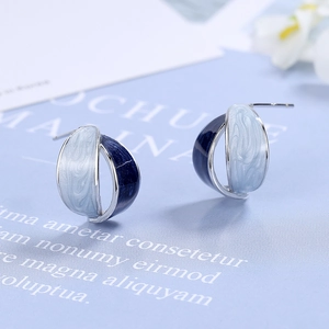 French style silver and deep blue marble enamel round stud earrings for women