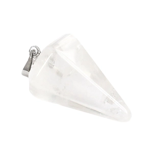 Colgante de cristal blanco tallado en forma de cono hexagonal con enganche de plata