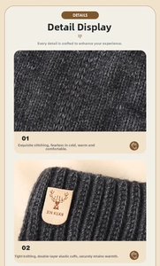 Detail of grey alpaca wool knit glove featuring double elastic cuffs and elk leather patch