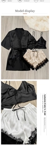 Three-piece faux silk sleepwear set with black satin robe and lace-trimmed shorts detail
