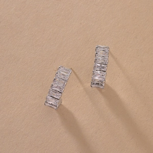 Minimalist silver geometric earrings with rectangular cubic zirconia in a sleek design