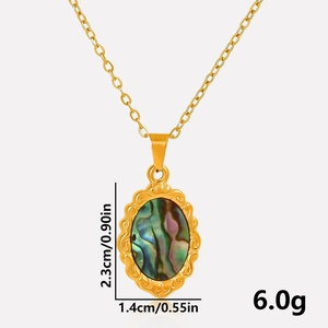 Detail view of 304 stainless steel necklace with abalone shell pendant and dimensions