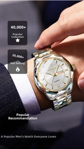 Business quartz watch with silver and gold steel band worn with a navy suit