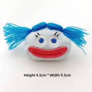 Funny blue plush cartoon girl face charm showing 4.5cm height and 9.5cm width dimensions