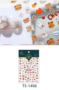 Detail of 3D embossed cartoon bear nail stickers TS-1406 with glossy raised texture