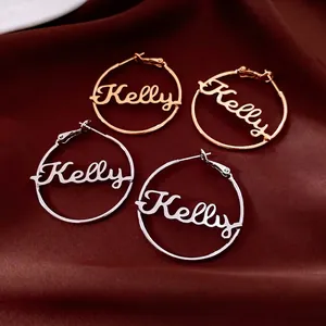 Hoop Earrings Copper 18K Gold Plated Name Letter Design Cursive Script With 925 Sterling Silver Earring Post Chic
