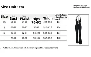 Detailed size chart for deep V halter neck jumpsuit with measurements in cm and kg
