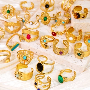 Stainless Steel Gold Plated Adjustable Open Rings For Women Men Vintage Bohemian Celestial Pattern Rhinestone Inlaid Ring Jewelry
