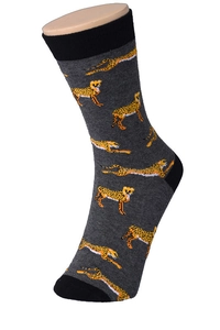 Detail of grey and yellow leopard print crew socks with black heel and toe parts