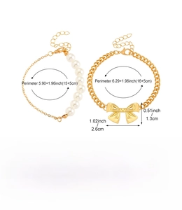 Size chart for bow knot bracelets and pearl chain jewelry set with detailed dimensions