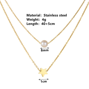 Double-layer stainless steel necklace featuring a gold star pendant and a single pearl