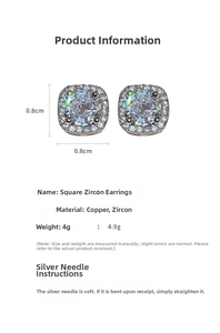 Detail view of 0.8x0.8cm square zircon stud earrings with copper base and dimensions