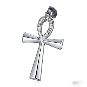 Polished silver Ankh cross pendant with diamond-encrusted ring top for daily wear