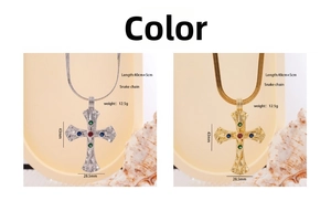 Detail of colorful zircon cross pendant necklaces in gold and silver with snake chains