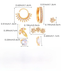Detailed dimensions of copper ear piercing set including floral and stud earring sizes