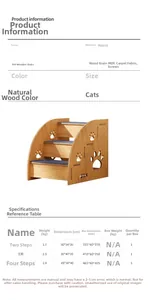 Size chart for wooden pet stairs in 2, 3, and 4 steps with detailed measurements