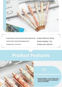 Detailed size specifications for the floral metal retractable pen in rose gold finish