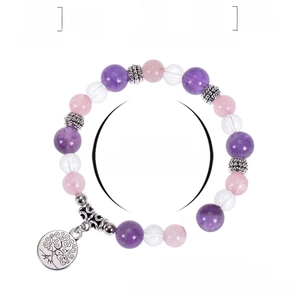 Bracelet de yoga en jaspe zèbre rose et améthyste avec pendentif arbre de vie argenté