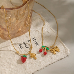 18K gold plated stainless steel bead necklace with cherry, strawberry and mushroom charms
