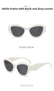 Front and side view of white cat-eye sunglasses with dark grey lenses and thick frames