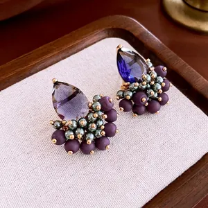 Purple Teardrop Zircon Drop Earrings Copper Beaded Retro Bohemian Geometric Luxury Jewelry With Silver Earring Post