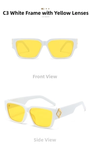 Detail of white square sunglasses with yellow lenses and golden diamond-shaped side accents