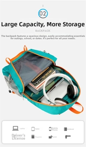 Detail view of large capacity teal hiking backpack interior with organized tech storage