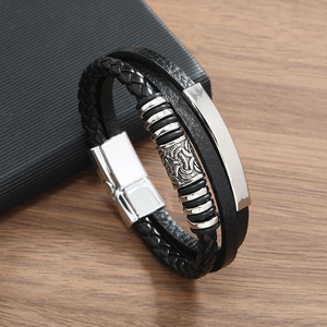 Men's multi-layer black braided PU leather bracelet with magnetic clasp and metal plate