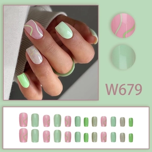 Short square press-on nails with green glitter waves and solid mint green colors, 24 pieces