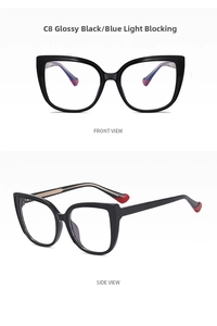Detalle de gafas cat-eye anti-luz azul con montura negra brillante y puntas de patillas rojas