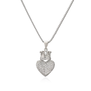 Elegant heart pendant necklace with crown detail and zircon stones on silver box chain